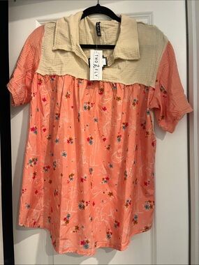 Two-Fly Peach Floral Short-Sleeve Blouse with Cream Yoke